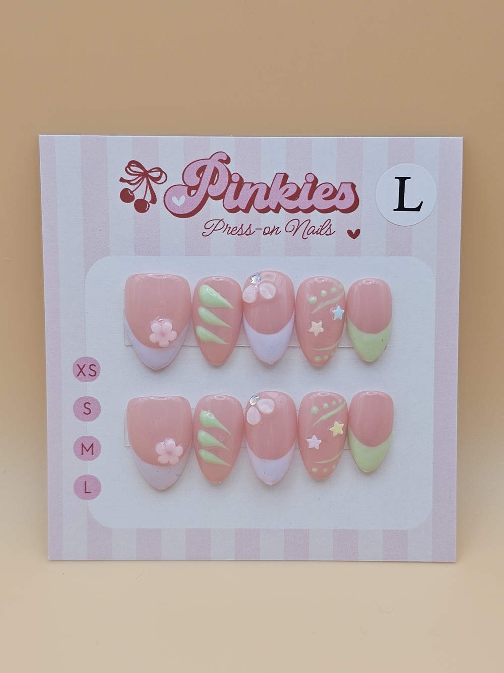 Press-on Nails Set 10pc Size L Short Almond Purple Green French Tips Stars